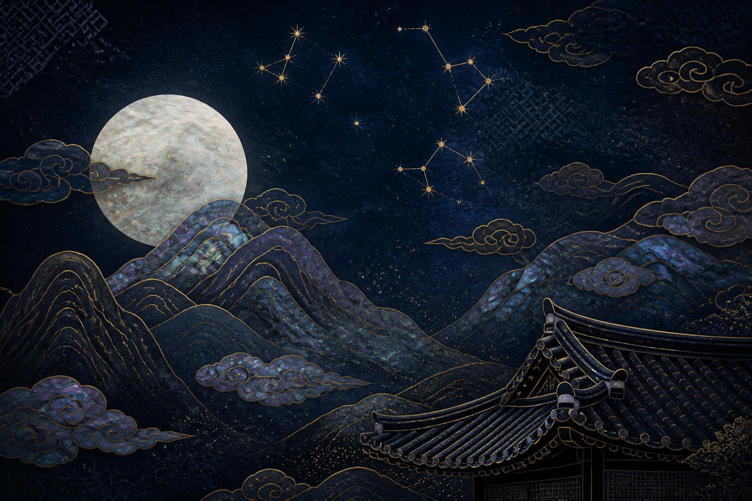 Night sky with a moon over mountains and a Korean tiled roof, golden stars above
